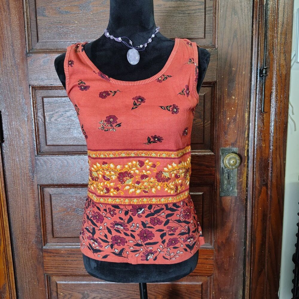 Boho Rust Orange Floral VTG Beaded Tank Top NWTS Wmns/T773
